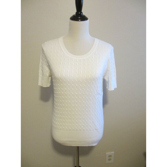 Brooks Brothers Womens White Cable Knit Supima Cotton Short Sleeve Sweater L - Picture 1 of 4